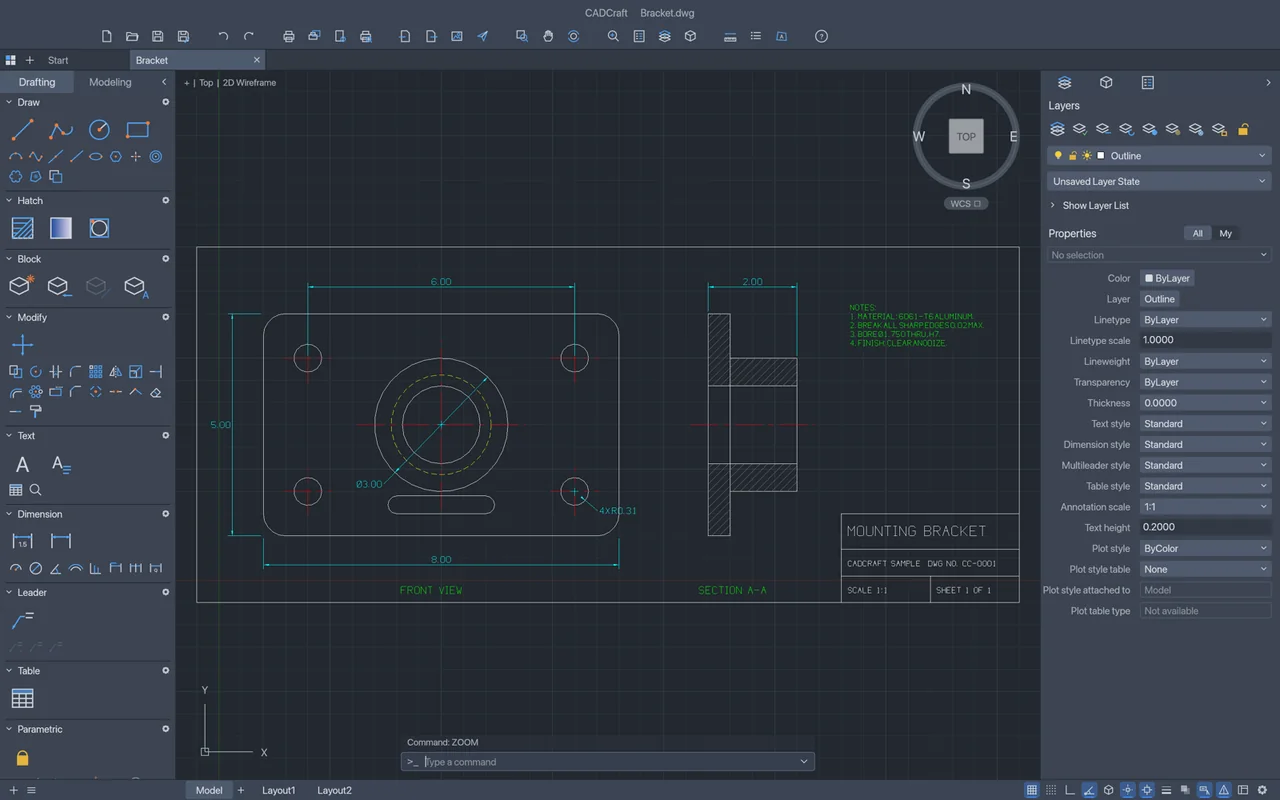 CADCraft two-dimensional mechanical bracket drawing with dimensions.