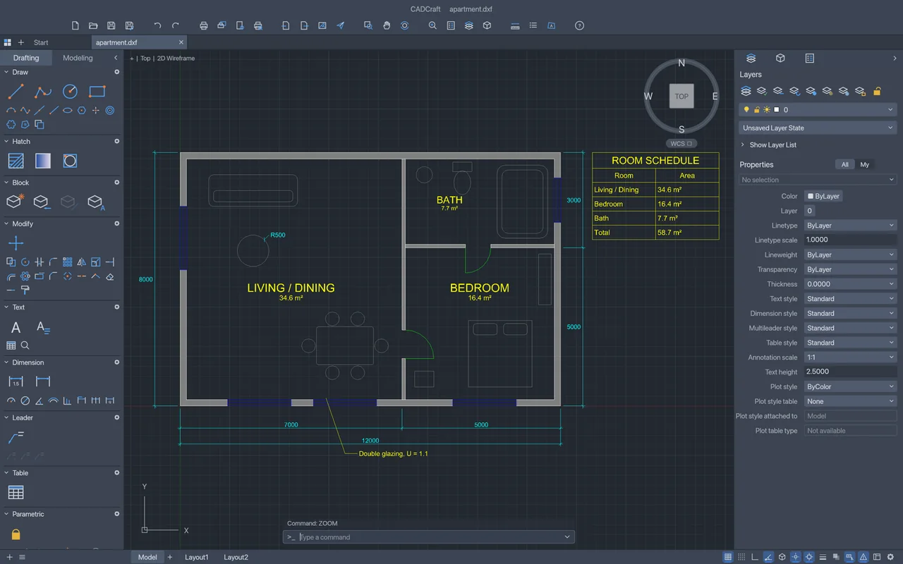 CADCraft two-dimensional apartment floor plan with dimensions, layers and properties.