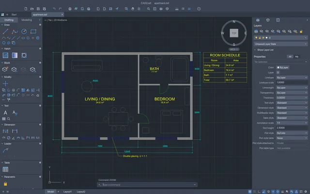 CADCraft two-dimensional apartment floor plan with dimensions, layers and properties.