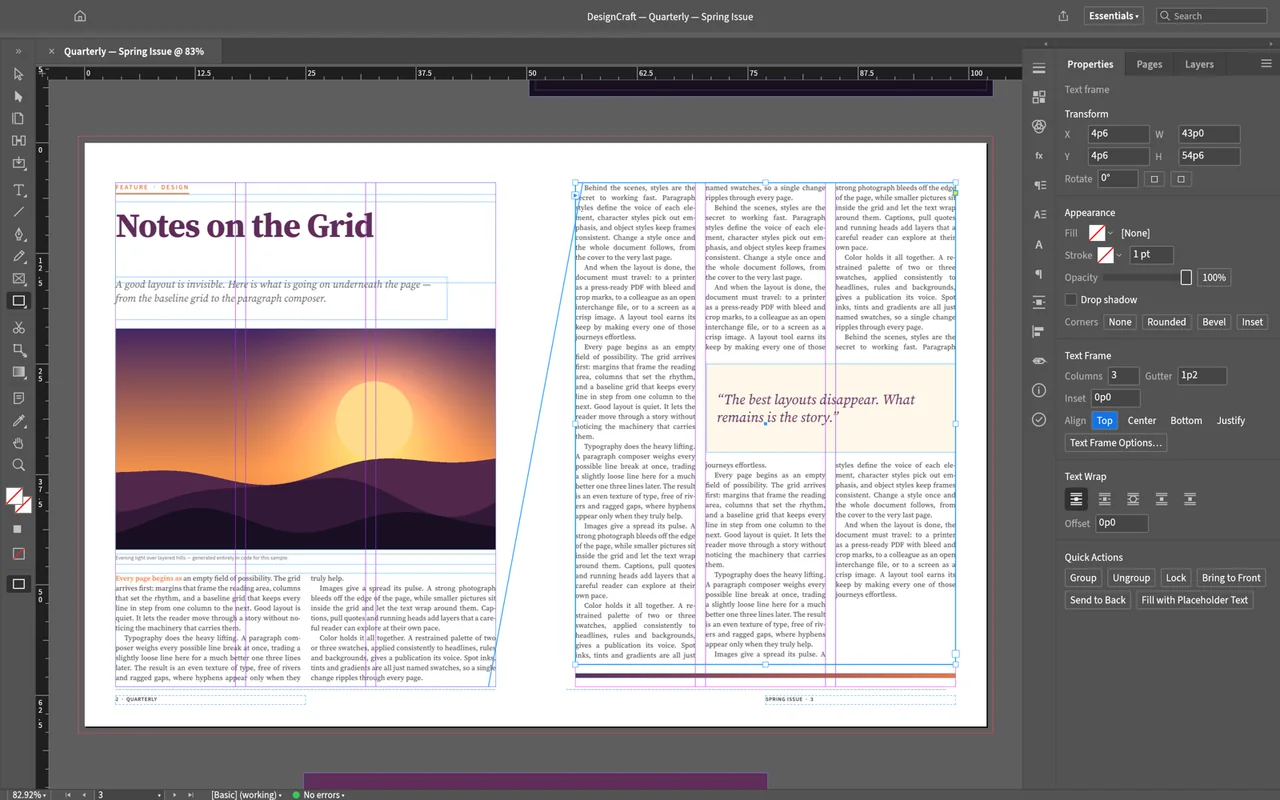 DesignCraft magazine spread with text frames, guides and layout properties.