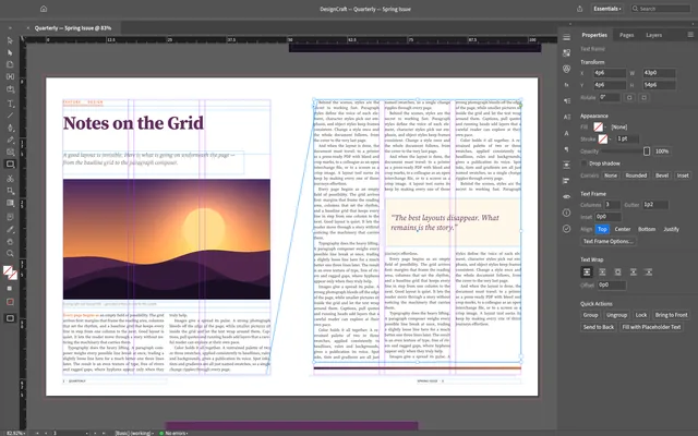 DesignCraft magazine spread with text frames, guides and layout properties.