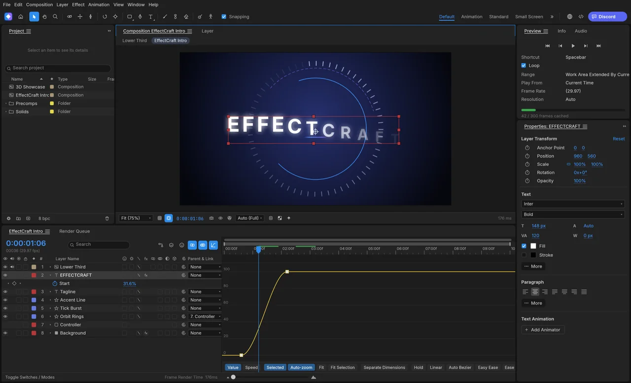 EffectCraft title animation with its graph editor and keyframe curves.