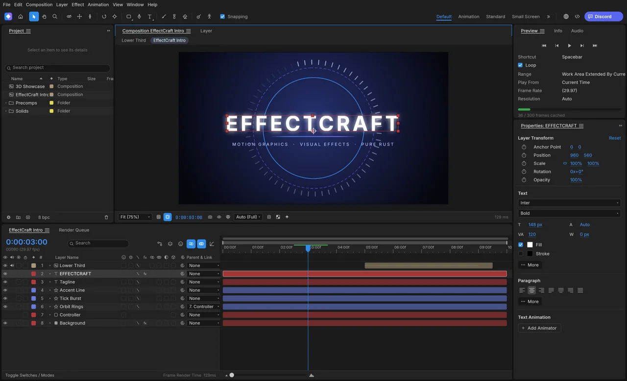 EffectCraft animated title composition with a layered timeline and properties.