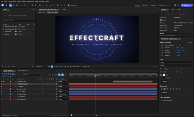 EffectCraft animated title composition with a layered timeline and properties.