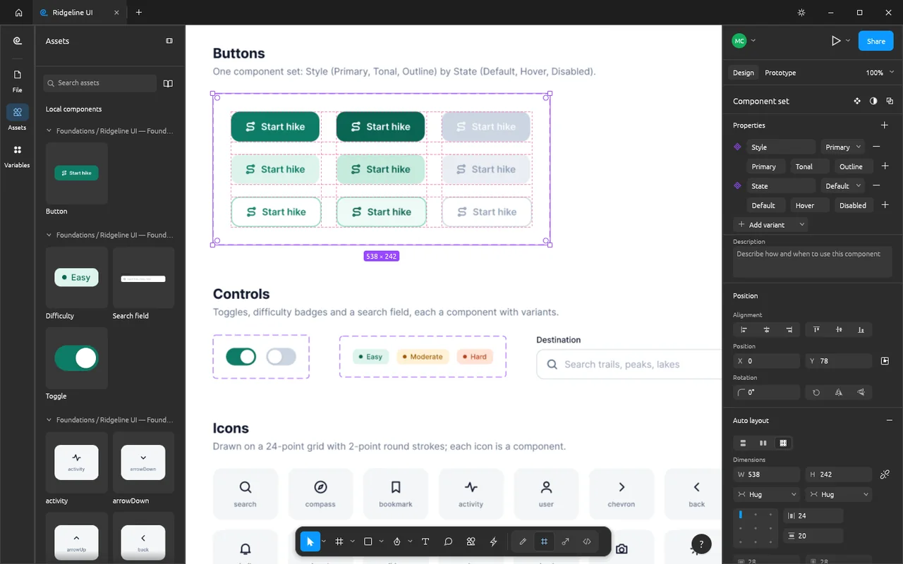 FigCraft button component variants and the Assets panel.