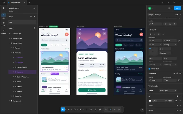 FigCraft interface design workspace with three app screens, layers and auto layout.