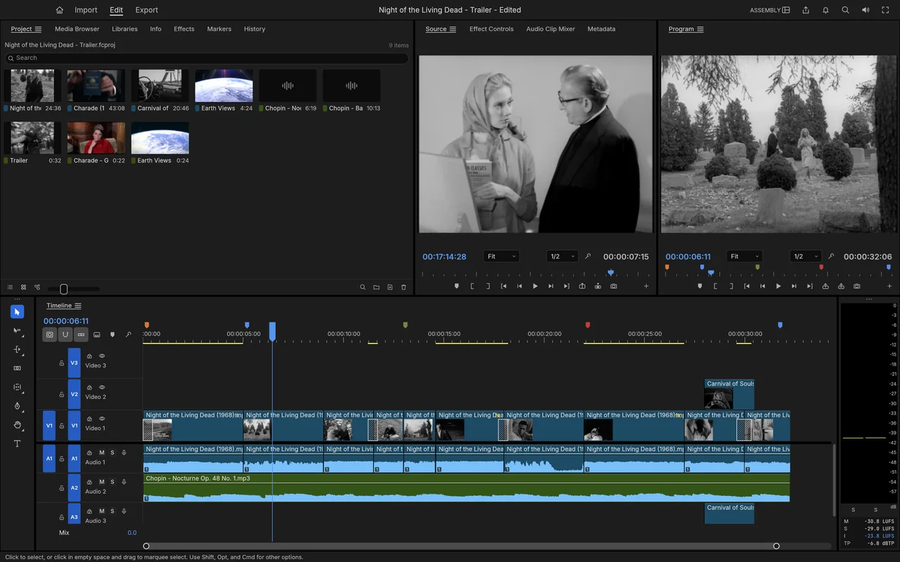 FilmCraft assembly workspace with source and program monitors, project bins and a multitrack film timeline.