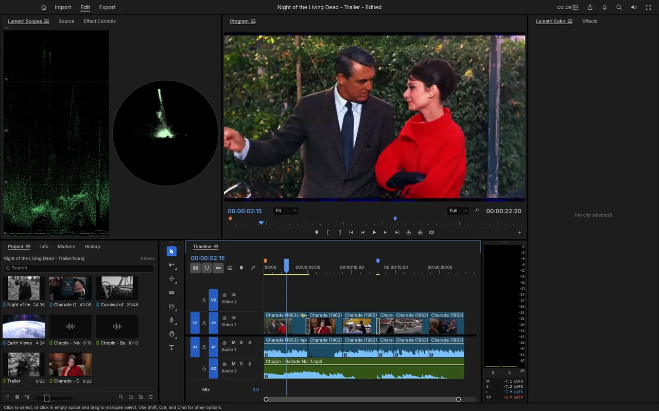 FilmCraft colour workspace with Charade footage, a waveform and vectorscope.