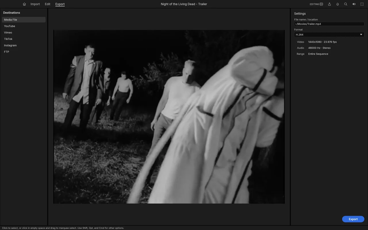 FilmCraft H.264 export settings with a Night of the Living Dead preview.