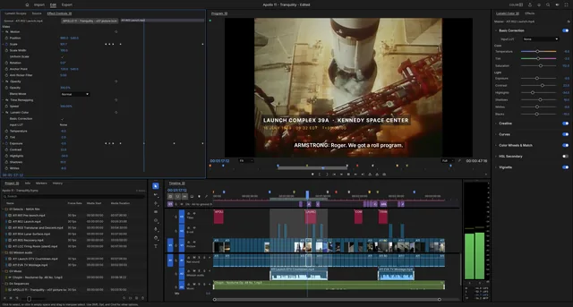 FilmCraft Apollo 11 documentary workspace with NASA footage, captions and a multitrack timeline.
