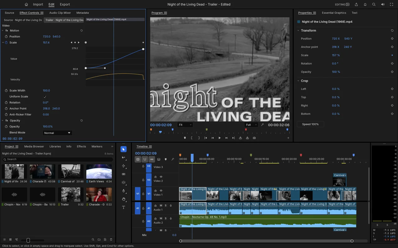 FilmCraft Motion Scale value and velocity graphs beside a Night of the Living Dead timeline.