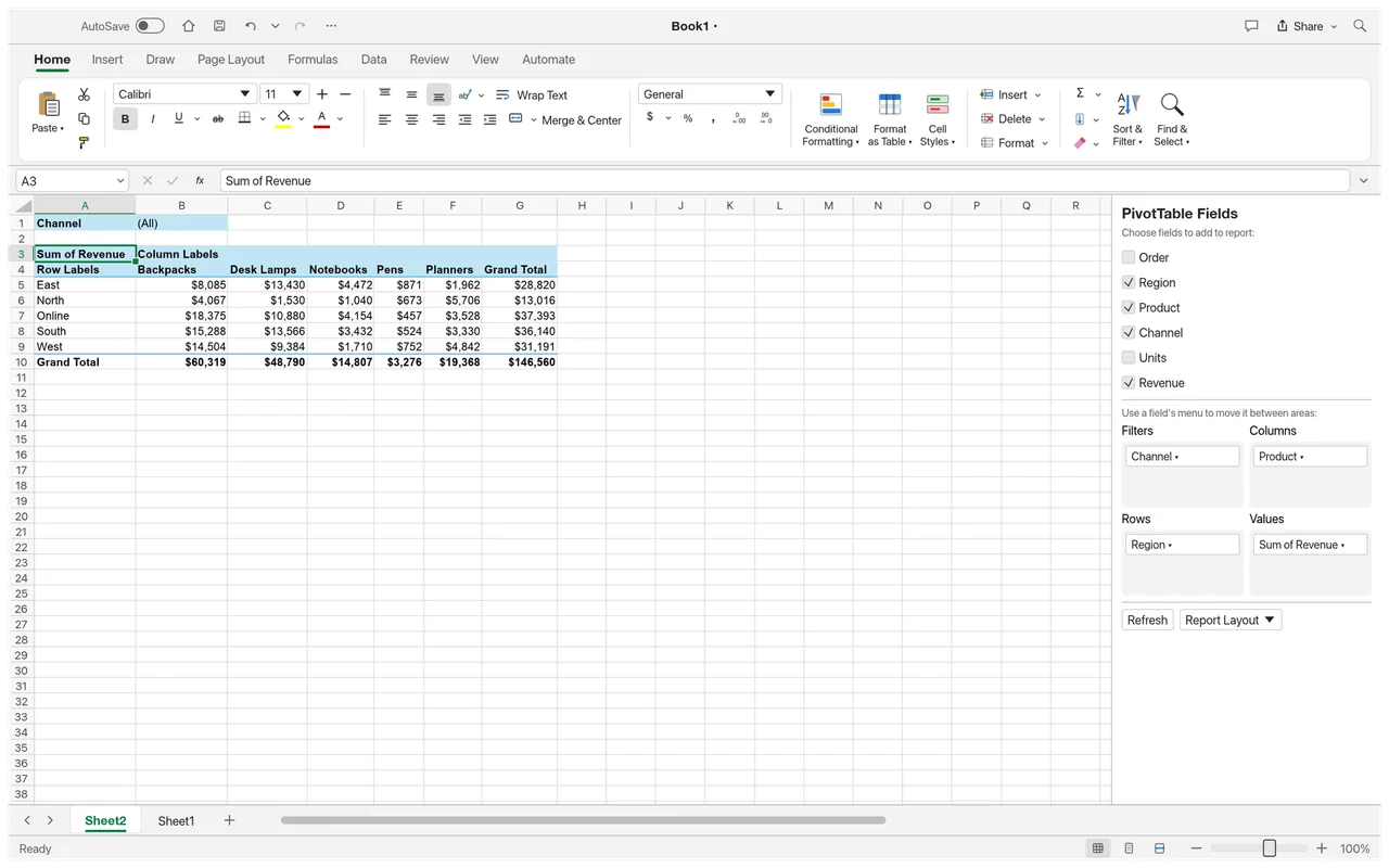 GridCraft pivot table with a field panel and a sales summary.