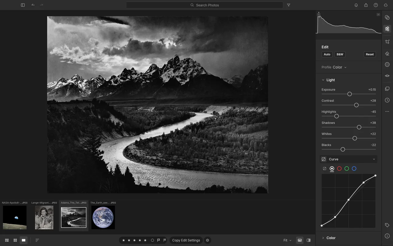 LightCraft RGB tone curve controls alongside The Tetons and the Snake River.