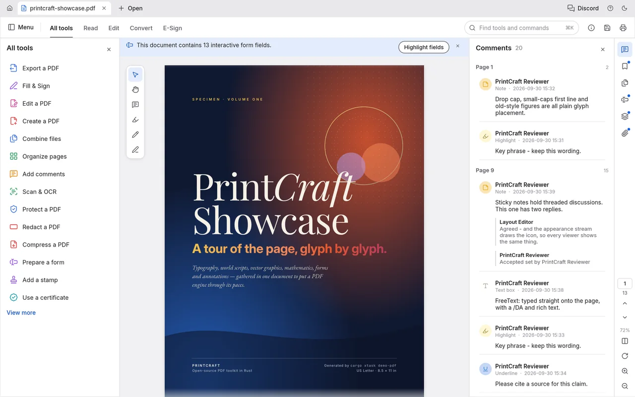 PdfCraft PDF reader with page tools and comments; the document uses the former name PrintCraft.