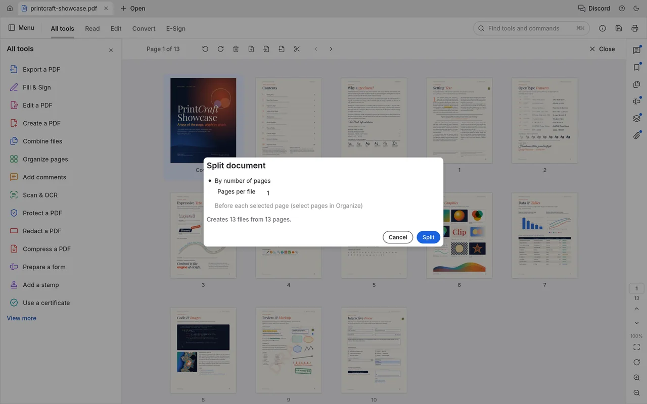PdfCraft split-document controls from the historical PrintCraft interface.