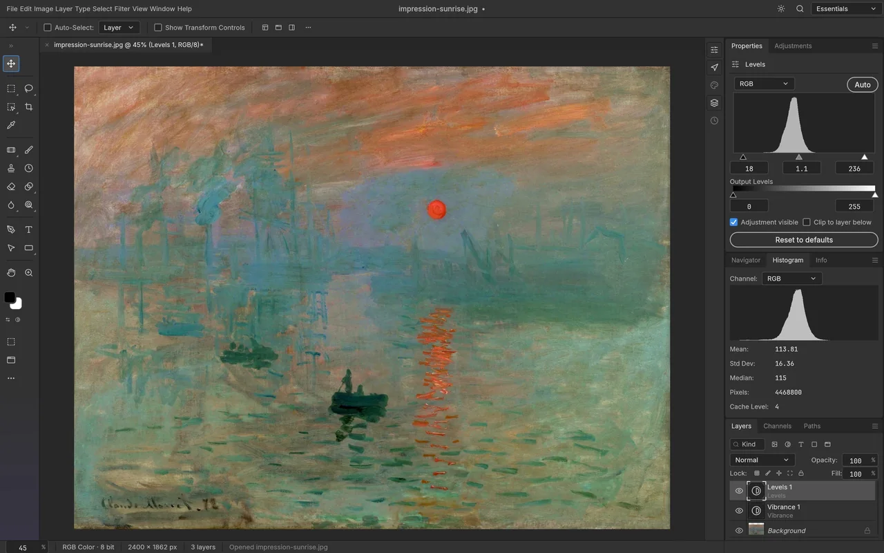 PhotoCraft levels and histogram controls beside Monet’s Impression, Sunrise.