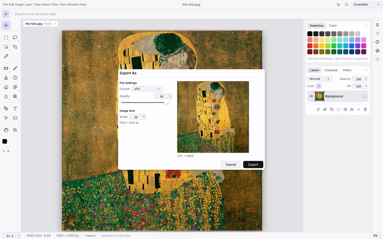 PhotoCraft JPEG export dialog with a preview of Klimt’s The Kiss.