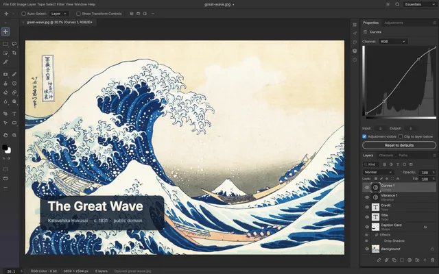 PhotoCraft workspace with The Great Wave, a curves adjustment and editable layers.