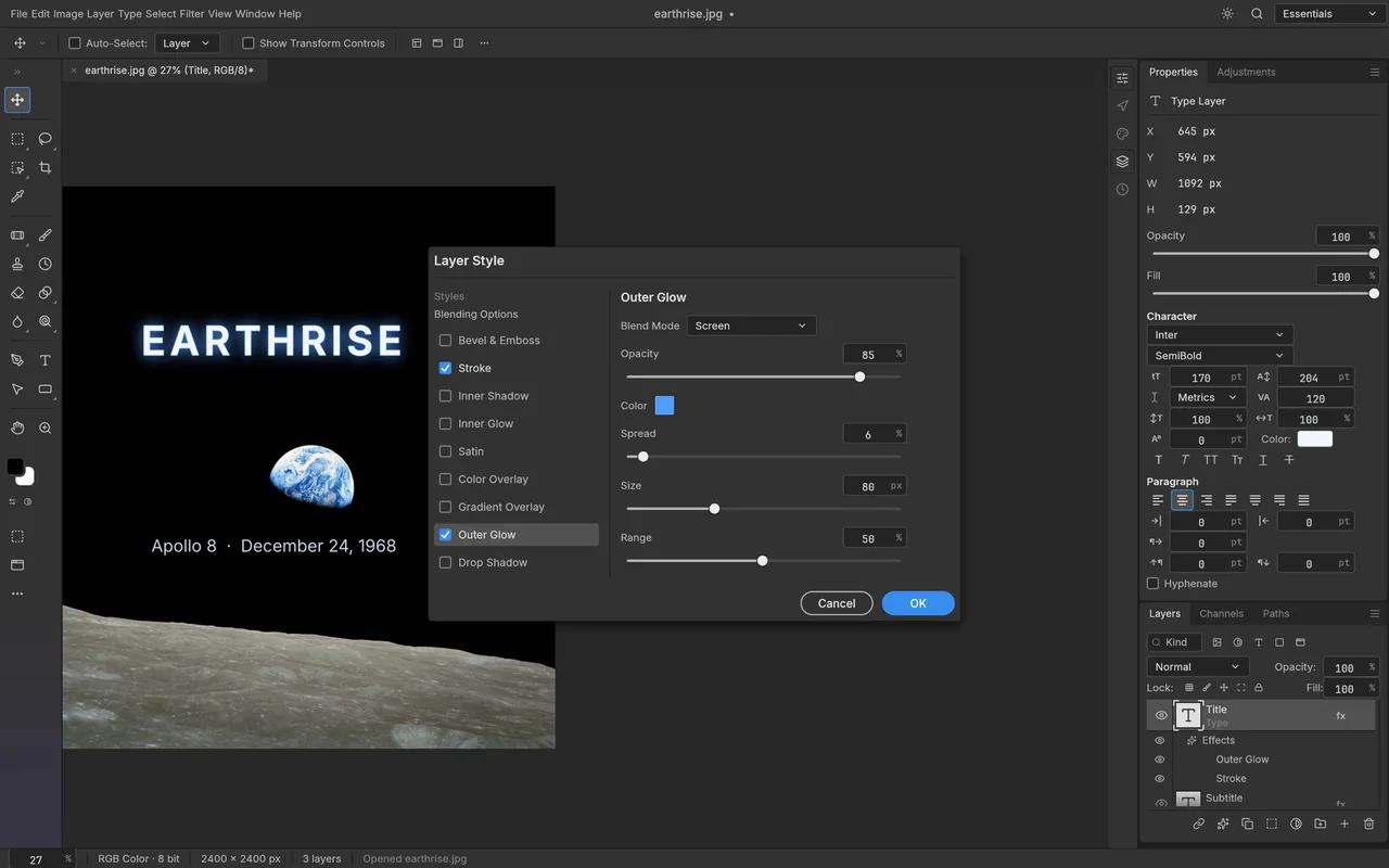 PhotoCraft outer glow layer style applied to an Earthrise title.