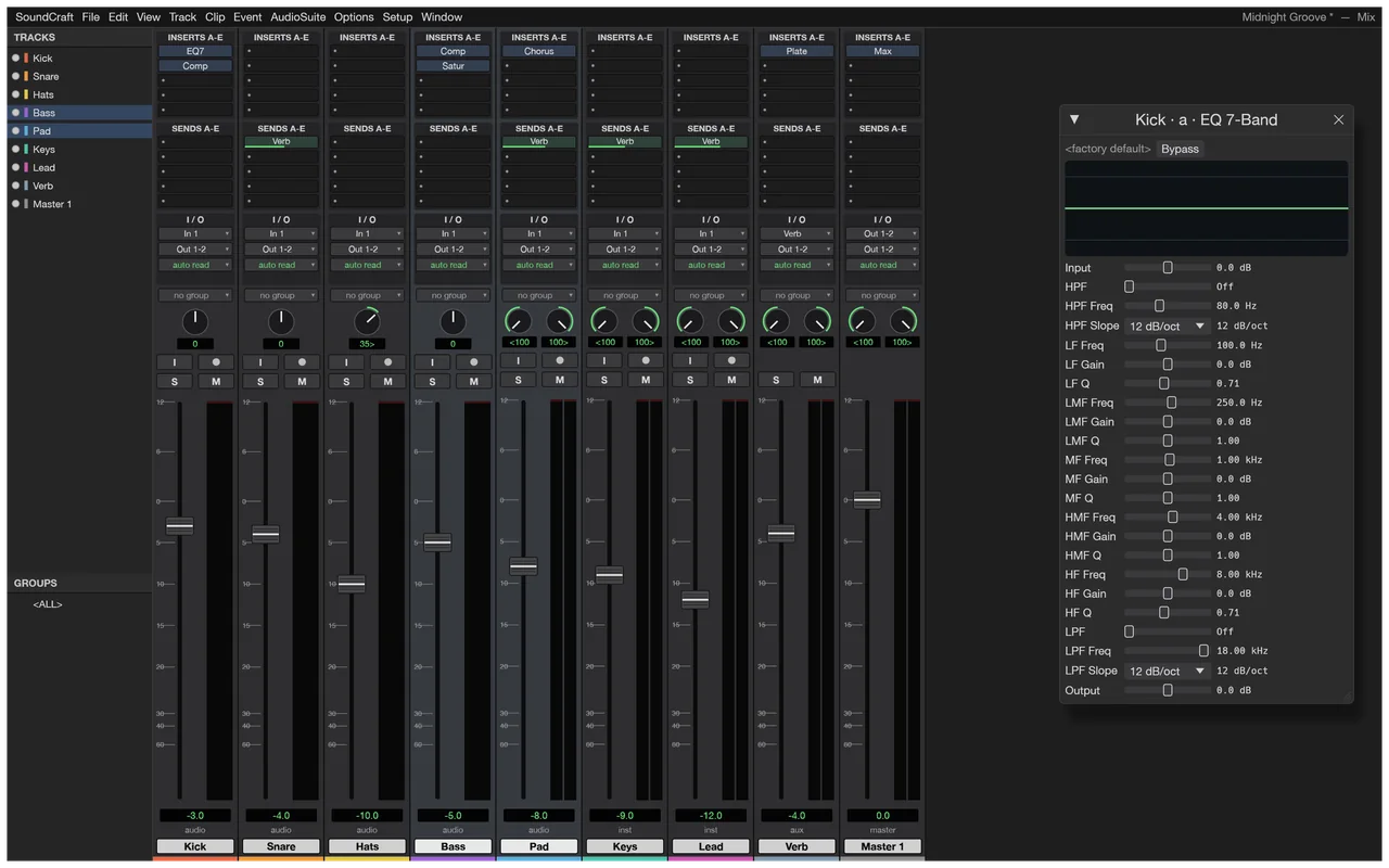 SoundCraft demo session in the mixing console with equaliser controls.