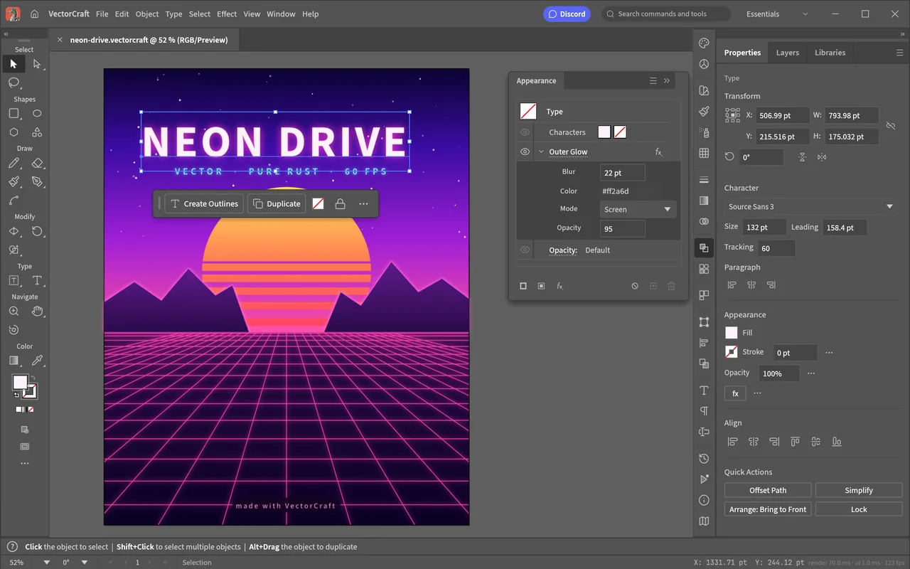 VectorCraft neon poster with editable text, properties and layers.