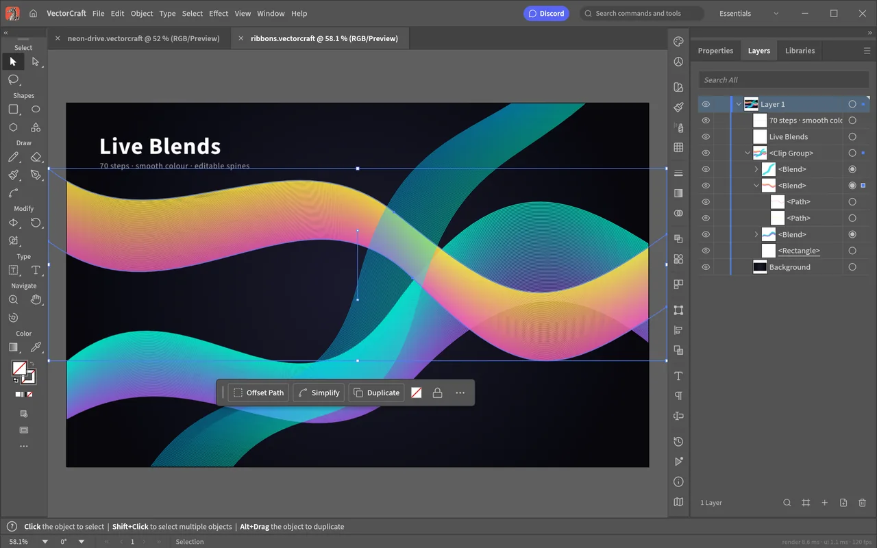 VectorCraft editable colourful blended ribbons with the layers panel.