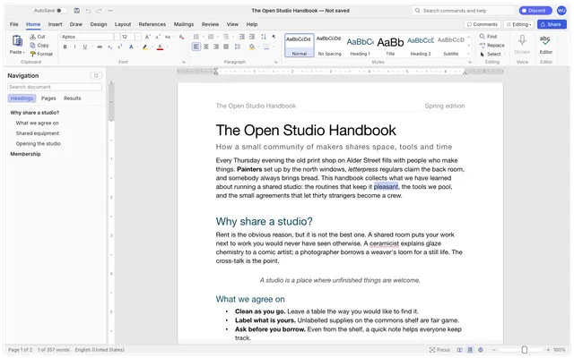 WordCraft document editor with a formatted handbook and the Home ribbon.