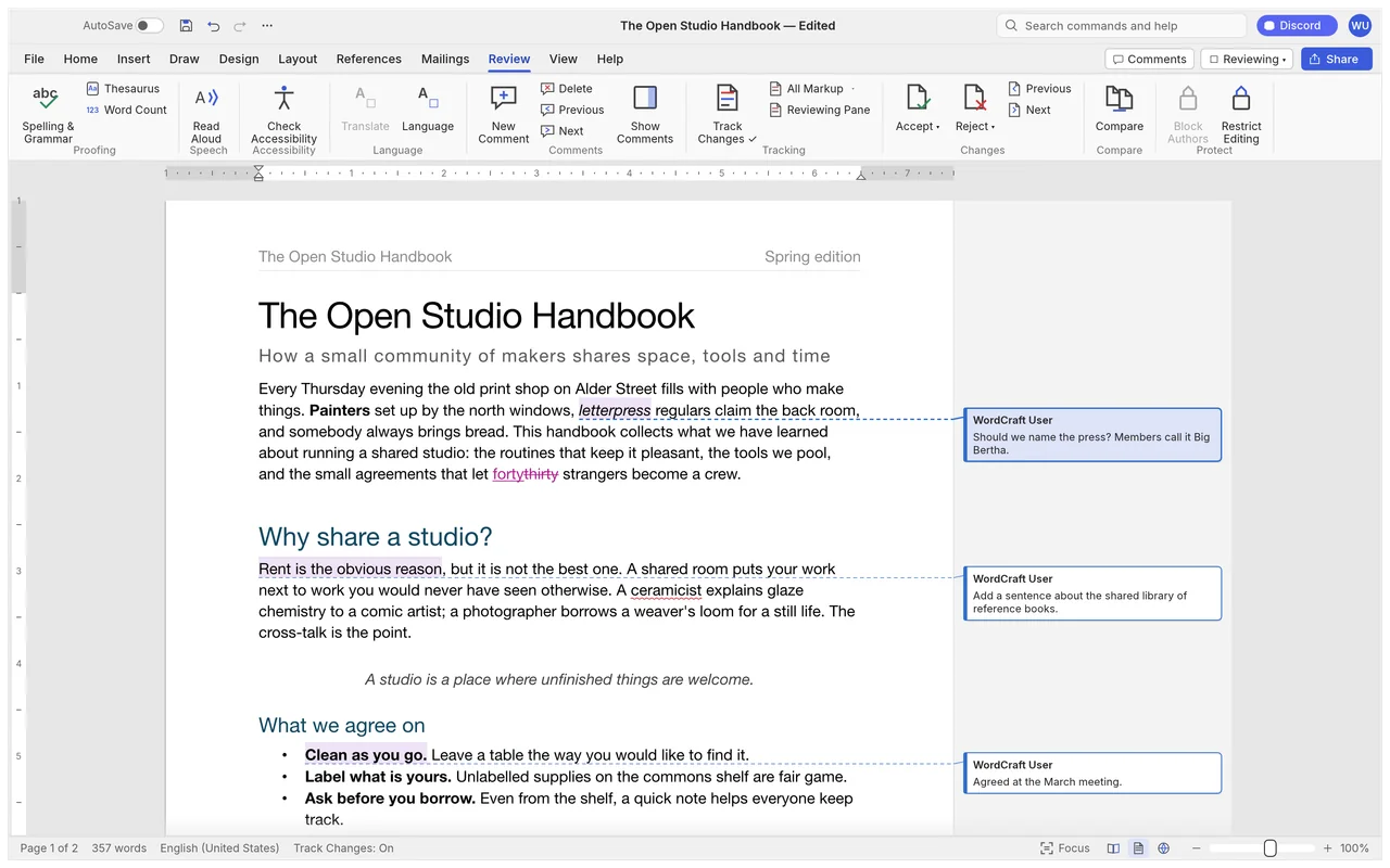 WordCraft sample document with tracked changes and comments.